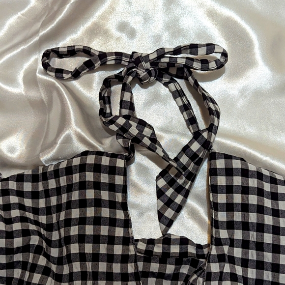 H&M Women's US Medium-Large Gingham Checkered Black/White Ruffled Peplum Blouse - Picture 4 of 8
